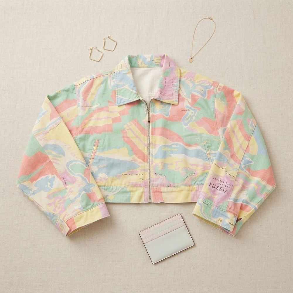 Melody Ehsani Jacket Women XL Pastel Map Print Cropped Denim Streetwear ME. NEW